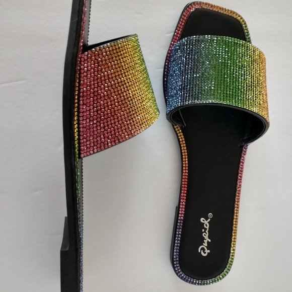 Qupid Rainbow Sandals Rhinestone Slides Various Sizes NIB - Picture 9 of 16